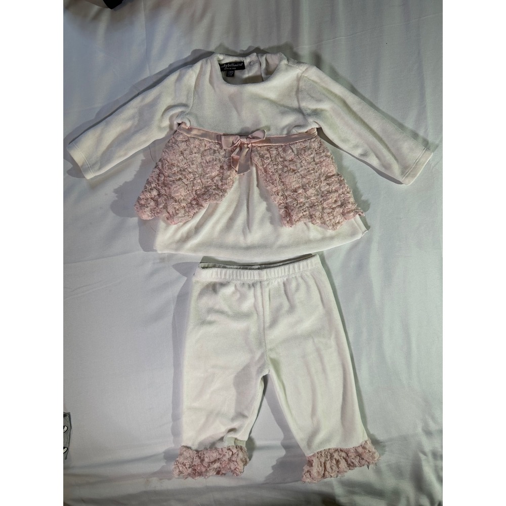 Wendy Bellissimo Baby Girls 12M Cream Pink Ruffle Floral Lace Tunic Pants Set